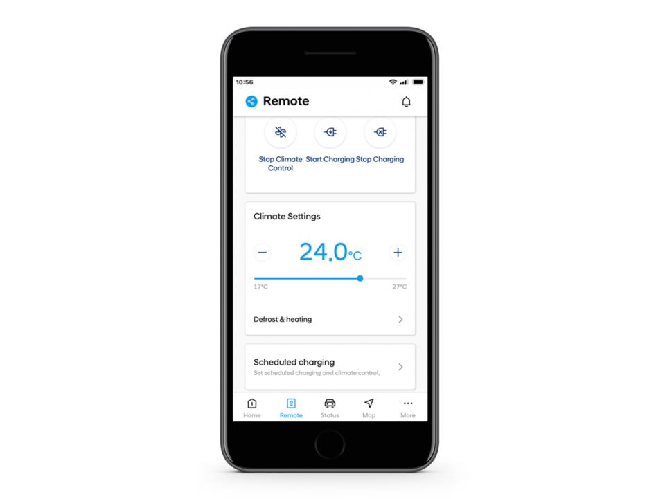Close-up of the Hyundai Bluelink app with the HVAC settings on the screen.