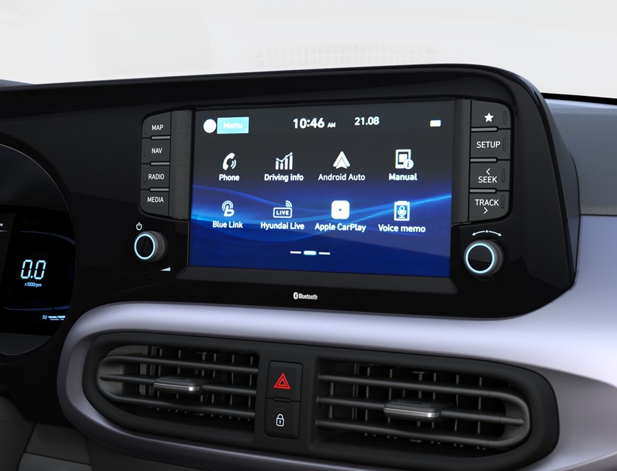Close up view of the 8 inch touch screen in the Hyundai i10.