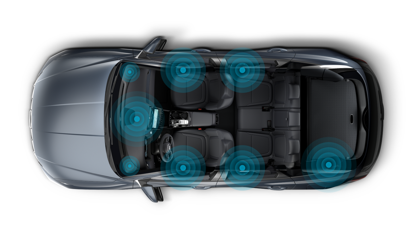 Bird-eye picture of the Hyundai TUCSON Plug-in Hybrid with highlighted performance speakers and subwoofer. 